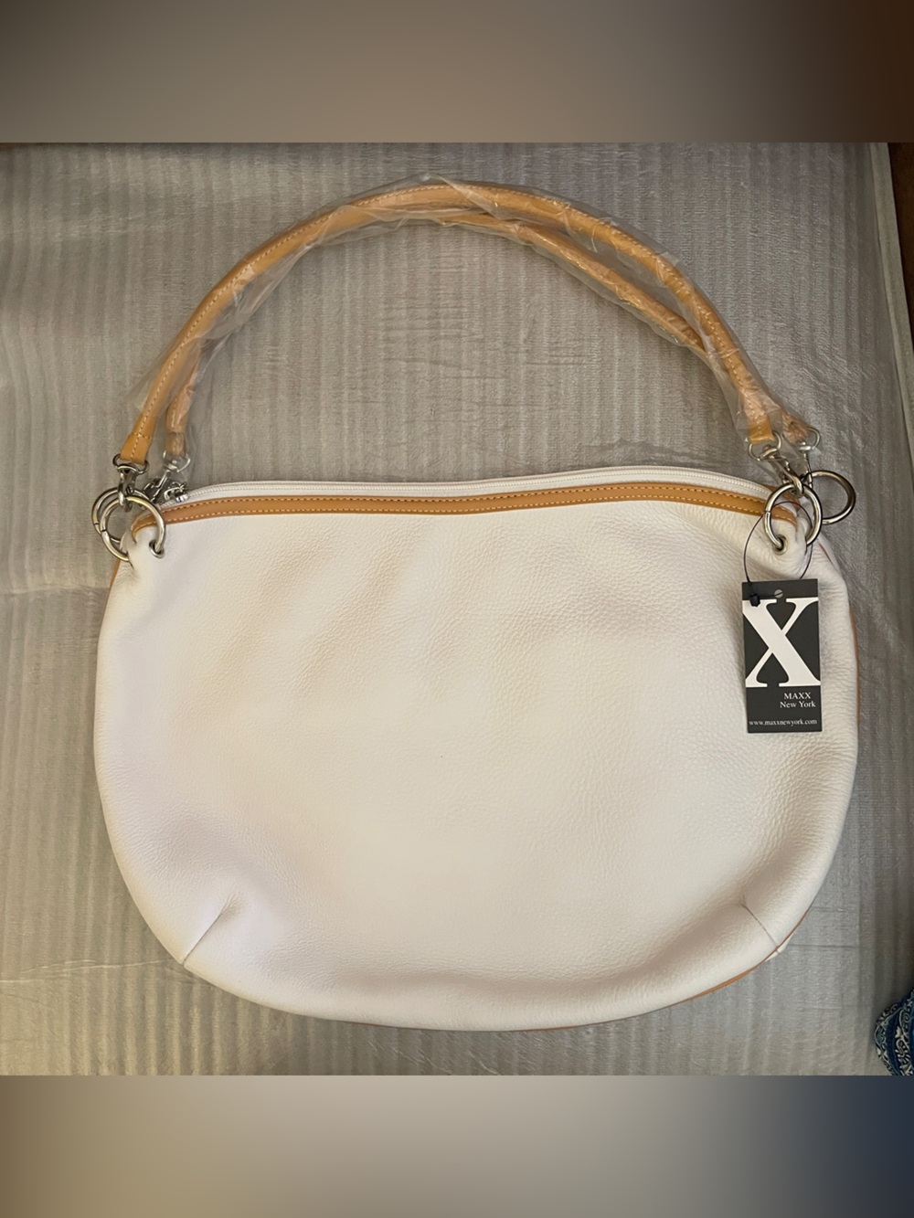 MAXX New York White and Tan Leather Hobo Bag